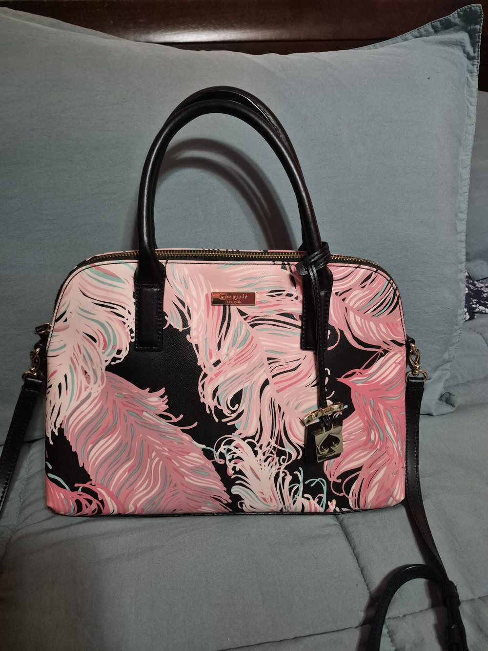 kate spade Black & Pink Feather-Print Dome Satchel